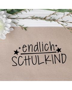 Holz Motivstempel Text endlich SCHULKIND mit Sternchen  