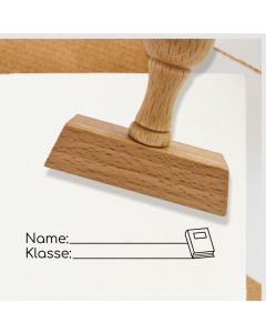 Holz Schulstempel Text Name, Klasse, Motiv Buch  