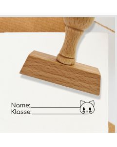 Holz Schulstempel Text Name, Klasse, Motiv Katze  