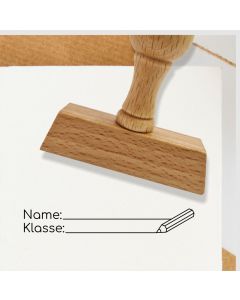 Holz Schulstempel Text Name, Klasse, Motiv Stift  