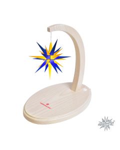 Sternenbogen aus Holz Buche natur mit einem Herrnhuter Stern 13 cm blau-gelb  