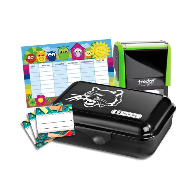 Schulbox Katze mit Trodat Printy 46 x 17 mm  BLAU